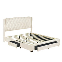 Velvet Queen Size Platform Bed with 3 Drawers,Upholstered Bed with Wide Headboard,Platform Bed Frame,No Box Spring Needed, Beige