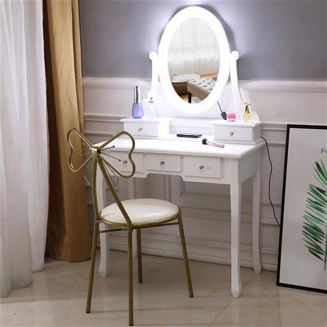 Vanity Stool, Butterfly Backrest Wrought Iron Leather Makeup Stool Dressing Stool Decor for Dressing Room, Bedroom (White)