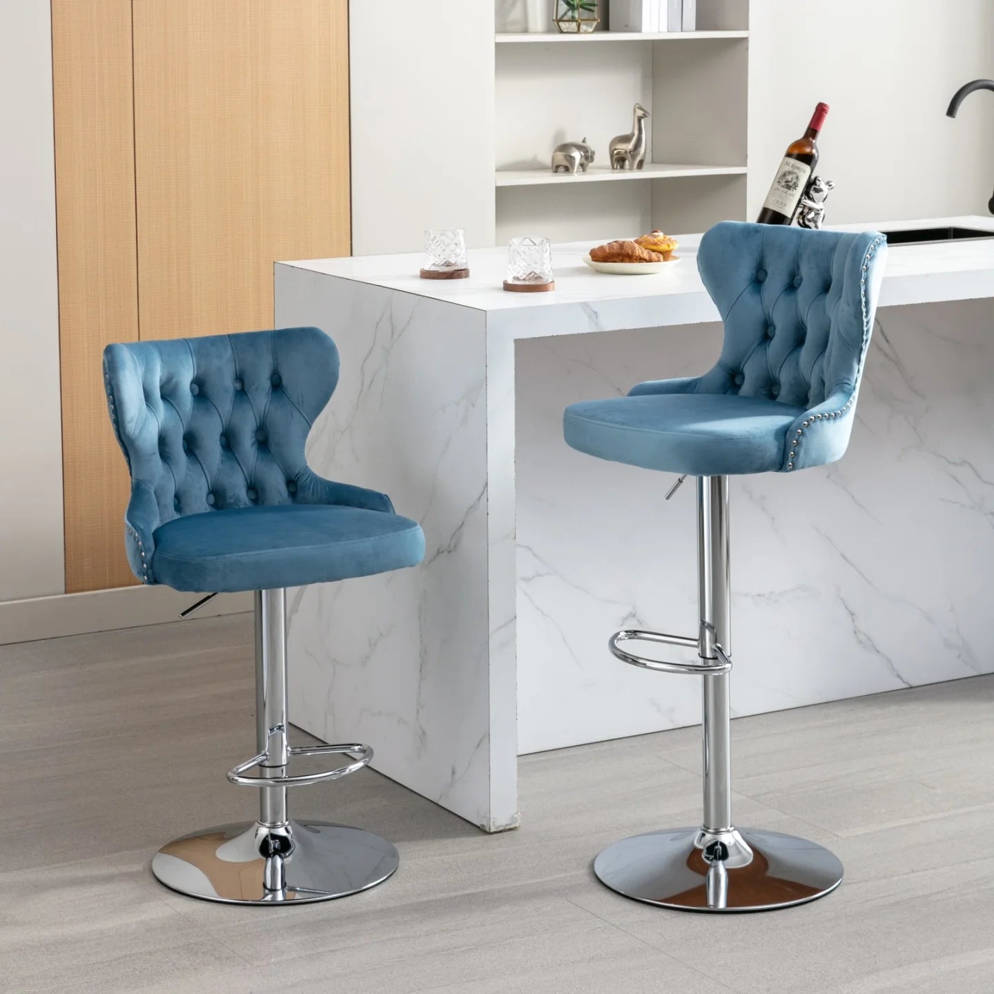 Bar Stool Swivel Chairs Set of 2 Velvet Adjustable Height