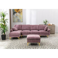 Convertible L-Shaped Sectional Sofa with Movable Ottoman, Upholstered Accent Sofa with 2 Pillows and Golden Metal Legs, Modular Sectional Couch Sets for Living Room Office Apartment, Purple