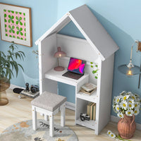 Kids Desk, Wooden Kids Desk and Chair Set, House-Shaped Desk with Wide Stepped Desk Surface and Open Cabinet, Upholstered Stool with Thick Cushion, Desk and Chair Set for Kids Adults Bedroom, White