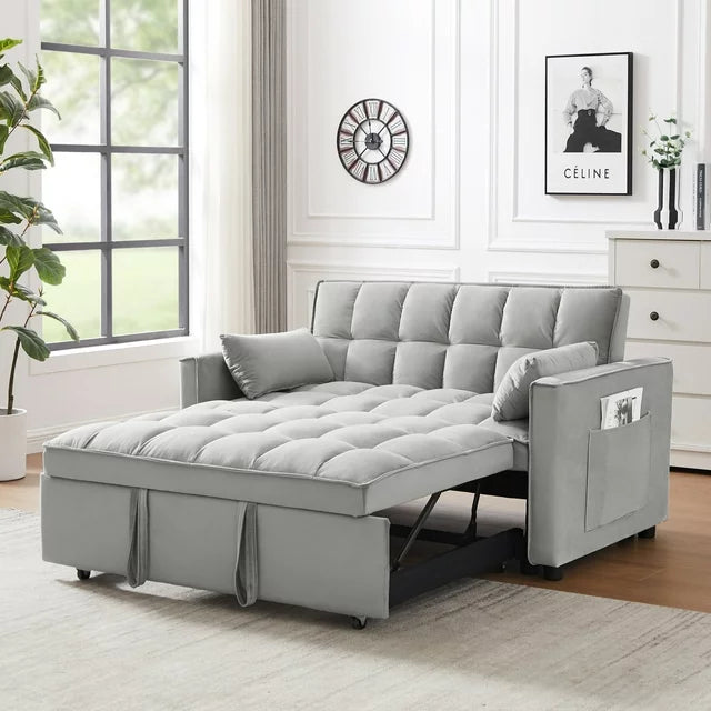 3 in 1 Pull Out Sleeper Sofa Bed,Tufted Velvet Convertible Loveseat Futon Sofa with Adjustable Backrest, Lounge Armchair Sofa with Lumbar Pillows and Side Pockets for Living Room,Gray