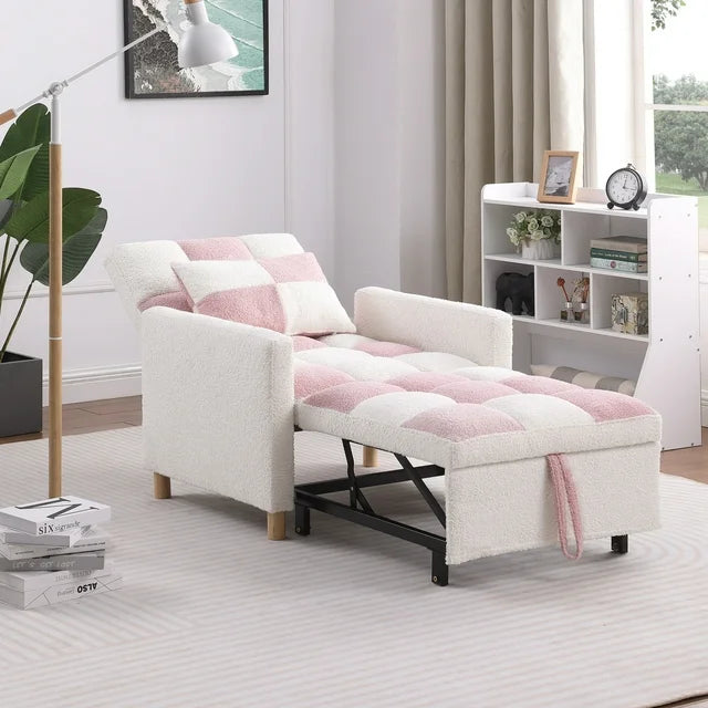 3-In-1 Convertible Sleeper Sofa Chair Bed with Adjustable Backrest, Multi-Functional Sleeper Chair with Soft Teddy Fabric For Living Room, Dorm, Apartment, Bedroom, Office,Pink+White