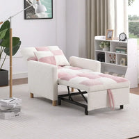 3-In-1 Convertible Sleeper Sofa Chair Bed with Adjustable Backrest, Multi-Functional Sleeper Chair with Soft Teddy Fabric For Living Room, Dorm, Apartment, Bedroom, Office,Pink+White