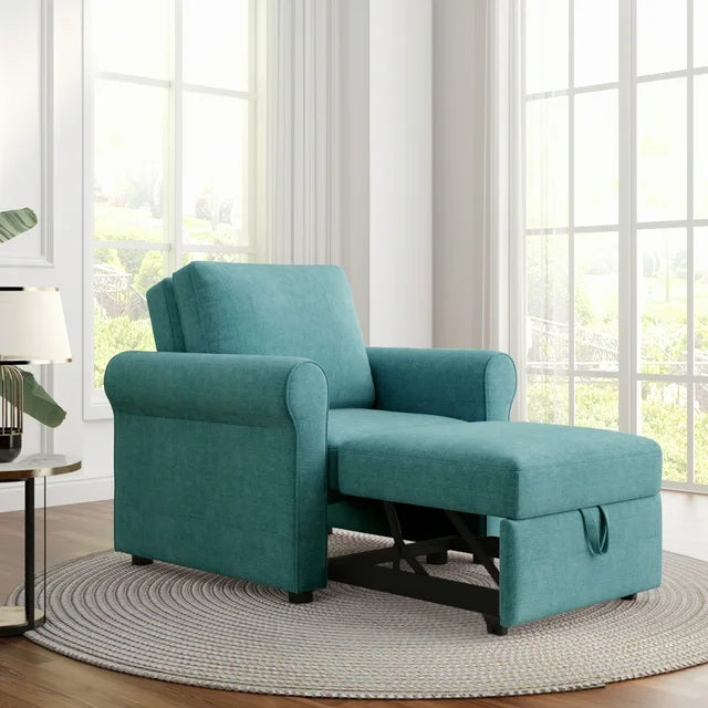 3-in-1 Sleeper Sofa Chair Bed, Comfy Linen Single Convertible Chair Bed, Adjustable Chair with Thickened Cushion, Modern Multi-Functional Sleeper Chair Lounge Chair for Living Room, Apartment, Teal