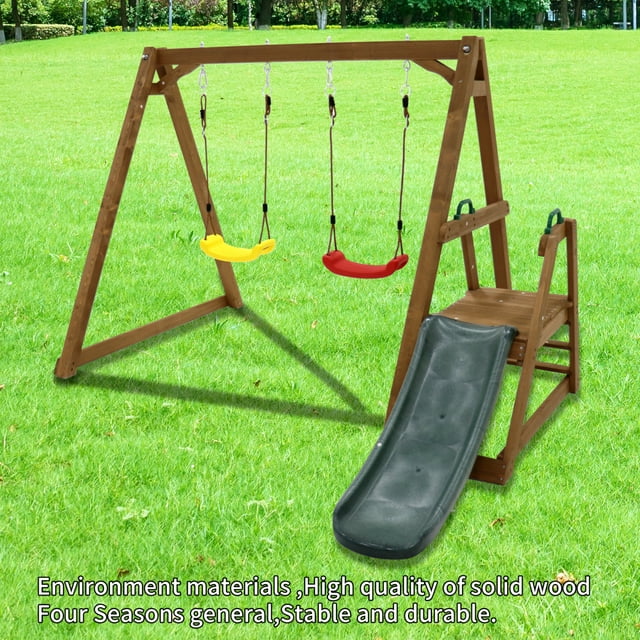 Wood Swing Sets for Backyard, 2 in 1 Outdoor Swing Set with Slide and Climbing Rope Ladder, Kids Backyard Playset, Playground Sets for Backyard