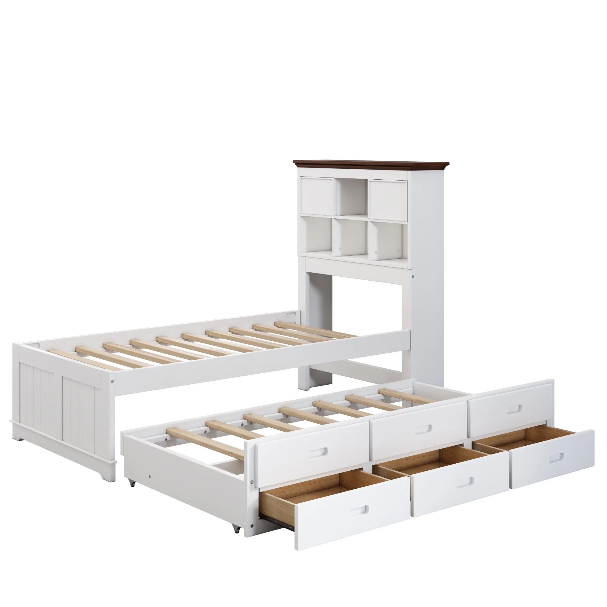 2 Pieces Wooden Captains Bedroom Set ,Twin Bed with Trundle and Nightstand, for Kids Teens, White+Walnut