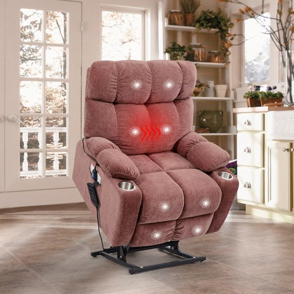 Motor Power Lift Recliner, Single Sofa Chair with Massage and Heat Function for Elderly, Infinite Position Lay Flat 180° Recliner with Side Pockets and Cup Holders for Living Room Office, Rose