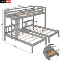 Twin Over Twin & Twin Bunk Bed with Built-in Middle Drawer and Ladder, Wooden Bunk Bed with Guardrails for 3, Triple Bunk Bed for Kids Teens Adults, Space Saving Loft Bed for Bedroom, Gray