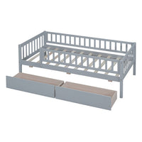 Twin Size Daybed with Two Drawers, Solid Wood Montessori Bed Frame with Fence Rails, Twin Size Platform Bed Sofa Bed with 10 Sturdy Slats for Bedroom Living Room and Guest Room, Noise Free, Gray