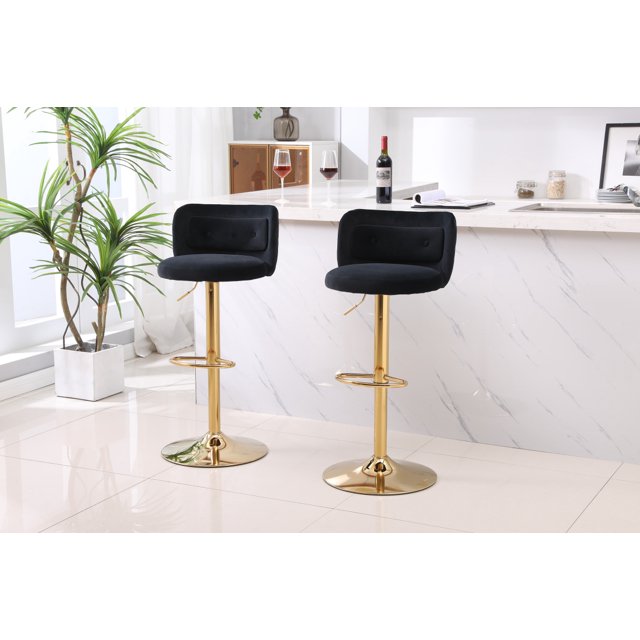 Velvet Bar Stools Set of 2, Height Adjustable Swivel Barstools Armless Kitchen Counter Bar Chairs with Back and Footrest Gold Metal Base, Modern Island Chairs for Home Bar Restaurant, Black