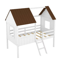 Twin House Loft Bed with Roof for Kids, Low Wooden Bed Frame with Ladder and Fence Guardrails, Montessori Bed with Two Side Windows for Children's Bedroom, No Box Spring Needed, White&Brown