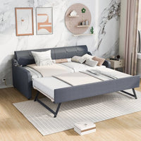 Twin Size Modern Sofa Bed Frame, Upholstery Daybed with Trundle and USB Charging Design,Trundle Can be Flat or Erected