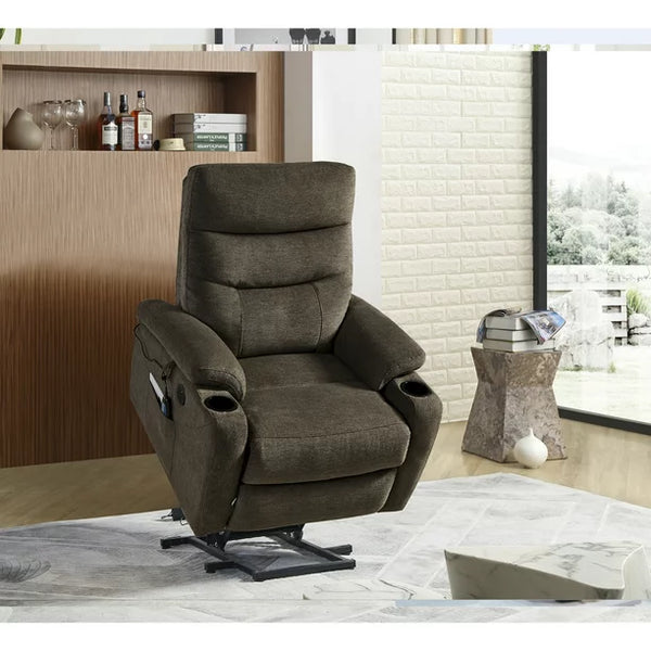 Electric Power Lift Recliner Chair, Fabric Upholstered Recliner Sofa with Massage and Heat for Elderly, 3 Positions, 2 Side Pockets and Cup Holders, USB Ports, Easy to Control, Dark Brown