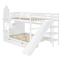Full Over Full Bunk Bed Castle Style, Wooden Bunk Bed Frame with Stairs, Slide, Storage Drawers and Shelves, Stairway Bunk Beds for Children, Boys, Girls, Adults, White