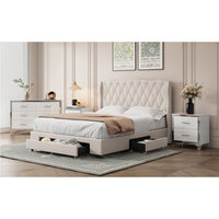 Velvet Queen Size Platform Bed with 3 Drawers,Upholstered Bed with Wide Headboard,Platform Bed Frame,No Box Spring Needed, Beige