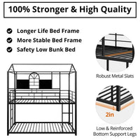 Twin over Twin Metal House Bunk Bed with 2 Ladders for Kids Teens, Floor Bunk Bed with Roof and Window Can Be Decorated, Black