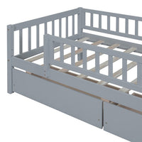 Twin Size Daybed with Two Drawers, Solid Wood Montessori Bed Frame with Fence Rails, Twin Size Platform Bed Sofa Bed with 10 Sturdy Slats for Bedroom Living Room and Guest Room, Noise Free, Gray