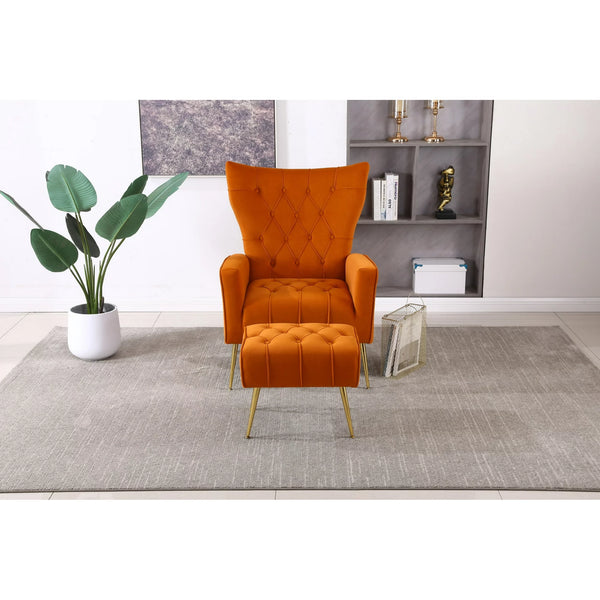 Velvet Accent Chair with Ottoman, Upholstered Wingback Armchair Set with Adjustable Armrests and Backrest, Leisure Lounge Chair Side Chair, Comfy Single Sofa Arm Club Reading Chair, (Orange)