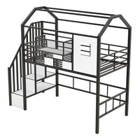 Twin Size Loft Bed with Roof Design and a Storage Box, House-Shaped Metal Loft Bed Frame with Staircase and Full-Length Guardrail, Twin House Loft Bed for Kids Girls and Boys, Easy Assemble, Black