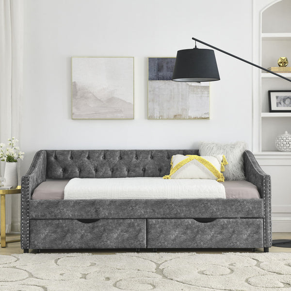 Twin Size Upholstered Tufted Sofa Bed with Drawers,Button on Back and Copper Nail on Waved Shape Arms,Trundle Bed,Modern Daybed for Kids, Teens and Adults, No Box Spring Needed,81.5“x41”x30.5“,Grey