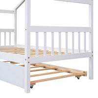 Twin Size House Bed Frame, Wood Platform Bed with Twin Size Trundle, Decorative Canopy Bed Top, Sturdy Frame Wood Legs Supprot, No Box Spring Needed, White