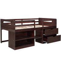 Twin Size Loft Bed, Low Loft Bed with Two Shelves and Two Drawers for Kids Teens Boys Girls, Multifunctional Wood Loft Bed Frame with Storage, Space Saving, No Box Spring Needed, Antique Espresso