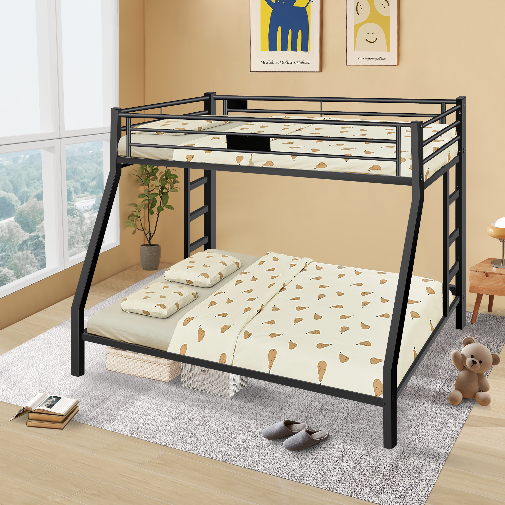 Twin XL Over Queen Bunk Bed,Heavy Duty Metal Bunk Bed Frame with Safety Guardrail and 2 Built-in Ladder,Metal Bunk Bed for Kids Teens Adults Bedroom,Black