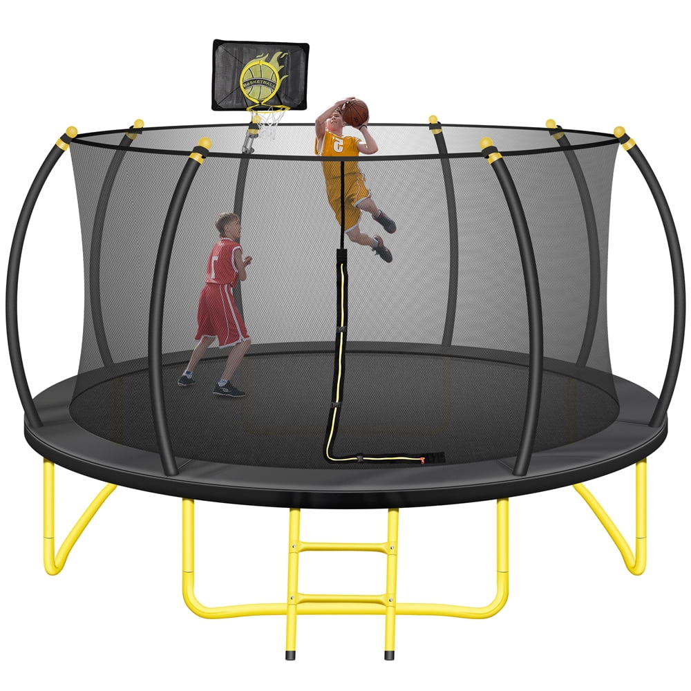 12FT Outdoor Trampoline, Pumpkin Trampolines with No Screws Installation Frame, Curved Poles& Basketball Hoop