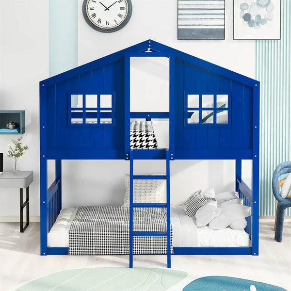 Twin Over Twin House Bunk Bed, Solid Pinewood Low Floor Bunk Bed with Ladder, Roof, Windows and Guardrail, Indoor Bedroom Furniture for Kids Teens Adults Boys Girls, No Box Spring Needed, Blue