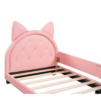 Twin Size Upholstered Daybed, Wood Low Platform Day Bed Frame with Cat Ears Shaped Headboard & Curved Footboard, PU Leather Sofa Bed Frame with Button Tufted Decoration & Nailhead Trim for Kids, Pink