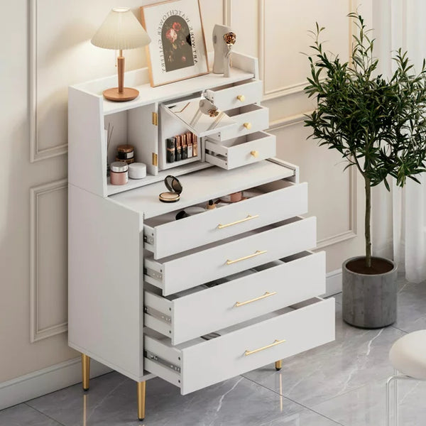 Storage Dresser, Elegant Vanity Makeup Table with Mirror and Retractable Table, Functional Storage Dresser Dressing Table with 7 Drawers and Hidden Storage for Bedroom, White