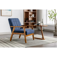 Mid-Century Modern Accent Lounge Chair, Linen Office Reception Chair Wooden Arm Chair, Vintage Tufted Tan Chair Upholstered Retro Sofa Side Sitting Chair for Living Room/Bedroom (Linen-Navy)