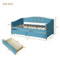 Twin Size Upholstered Daybed, Velvet Daybed with Two Storage Drawers, Wood Slat Support Sofa Bed Frame, No Box Spring Needed, Velvet Grey Daybed with Drawers, No Mattress Included, Blue