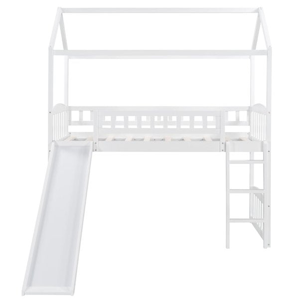 Twin Loft Bed with Slide and Ladder, Wood House Bed with Roof and Guardrails for for Kids Girls/Boys, White 77.4''L x 42.5''W x84.4''H