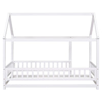 Twin Size Floor Wooden Bed with House Roof Frame, House Shape Platform Bed with Fence Guardrails, Twin Size House Shape Bed for Kids Teens, White