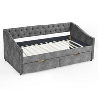 Twin Size Upholstered Tufted Sofa Bed with Drawers,Button on Back and Copper Nail on Waved Shape Arms,Trundle Bed,Modern Daybed for Kids, Teens and Adults, No Box Spring Needed,81.5“x41”x30.5“,Grey