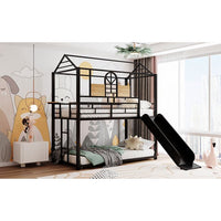 Twin Over Twin Bunk Bed with Roof and Safety Guardrails, House Shaped Bunk Bed Frame with Footboard and Frontboard, Metal Bunk Bed with Staircase and Slat Support for Kids, Teens, Girls, Boys