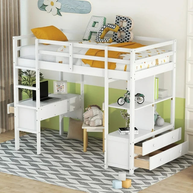 Twin Size Loft Bed with Built-in Desk, Twin Loft Bed Frame with Storage Shelves and Drawers,Solid Wood Bed Frame with Ladder and Guardrail for Kids Teens Adults, White