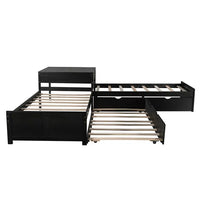 Twin Size L-Shaped Platform Bed Frame with Trundle and Storage Drawers Linked with Built-in Desk, Wooden 3 Twin Beds in One Bedroom Bed Frame for Teens Adults, No Box Spring Needed, Espresso