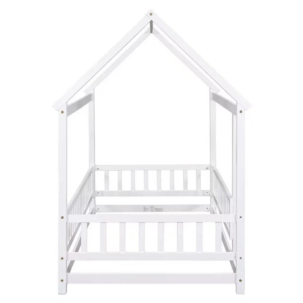 Twin Size Floor Bed Frame for Kids,Montessori Floor Bed with House Roof Frame and Fence Guardrails,Low Wooden Playhouse Bed for Girls and Boys,White