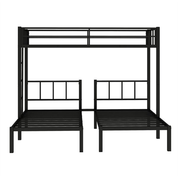 L-shaped Triple Bunk Bed, Twin Size Metal Bunk Bed Frame with Storage Board and Small Table, Heavy-Duty Bunk Bed with Safety Guardrails and Ladders, Can Be Convertible into 3 Beds, Black