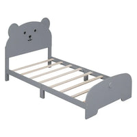 Twin Size Bed Frame with Bear-shaped Headboard and Footboard, Wood Platform Bed with Sturdy Slats Support, Perfect for Kids Boys Girls Bedroom, Easy to Assemble, Gray