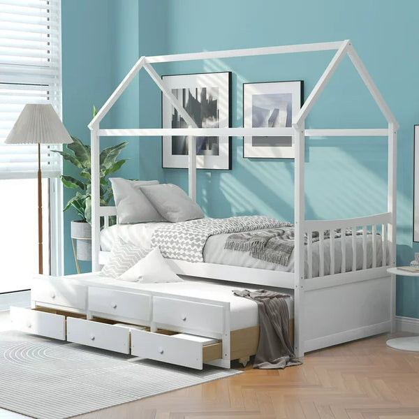 Twin Size House Bed with Trundle and 3 Storage Drawers, Wooden Daybed Frame Captain's Beds for Kids Teens Boys Girls, No Box Spring Needed, White 79.5"L x 41.7"W x 80"H