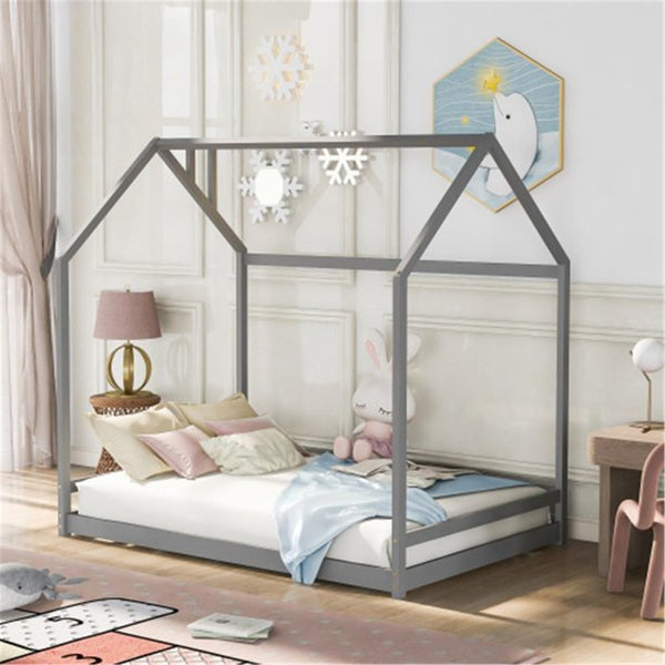 Full Size House Shaped Bed Frame, Floor Bed for Kids, Gray