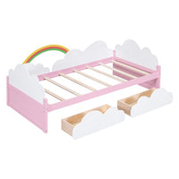 Girls Twin Size Bed with Clouds and Rainbow Decor, Solid Wood Platform Bed Frame with 2 Drawers, Twin Bed Frame with Sturdy Slats Support for Kids Bedroom, No Box Spring Needed, Space-Saving Design