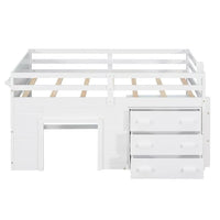 Twin Size Loft Bed with Storage Drawers and Bedside Tray, Wooden Low Loft Bed Frame with Cabinet, Farmhouse Loft Bed for Kids, Girls, Boys and Teens, No Box Spring Required, White