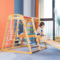 Indoor Playground Jungle Gym Kids, Toddlers Wooden Climber Playset 7 in 1 Slide, Rock Climb Wall, Rope Wall Climbing, Monkey Bars, Swing, Small Family Amusement Park for Children Ages 2 - 10years