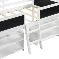 Twin Size Low Loft Bed with Two Movable Shelves and Chalkboard, Wood Loft Bed with Ladder and Guardrail for Kids Boys Girls, White 78.3''Lx41.7''Wx35.6''H