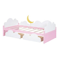 Twin Size Daybed with 2 Storage Drawers,Wood Platform Bed with Clouds and Crescent Moon Decor,Twin Bed Frame for Kids Girls Boys,White+Pink